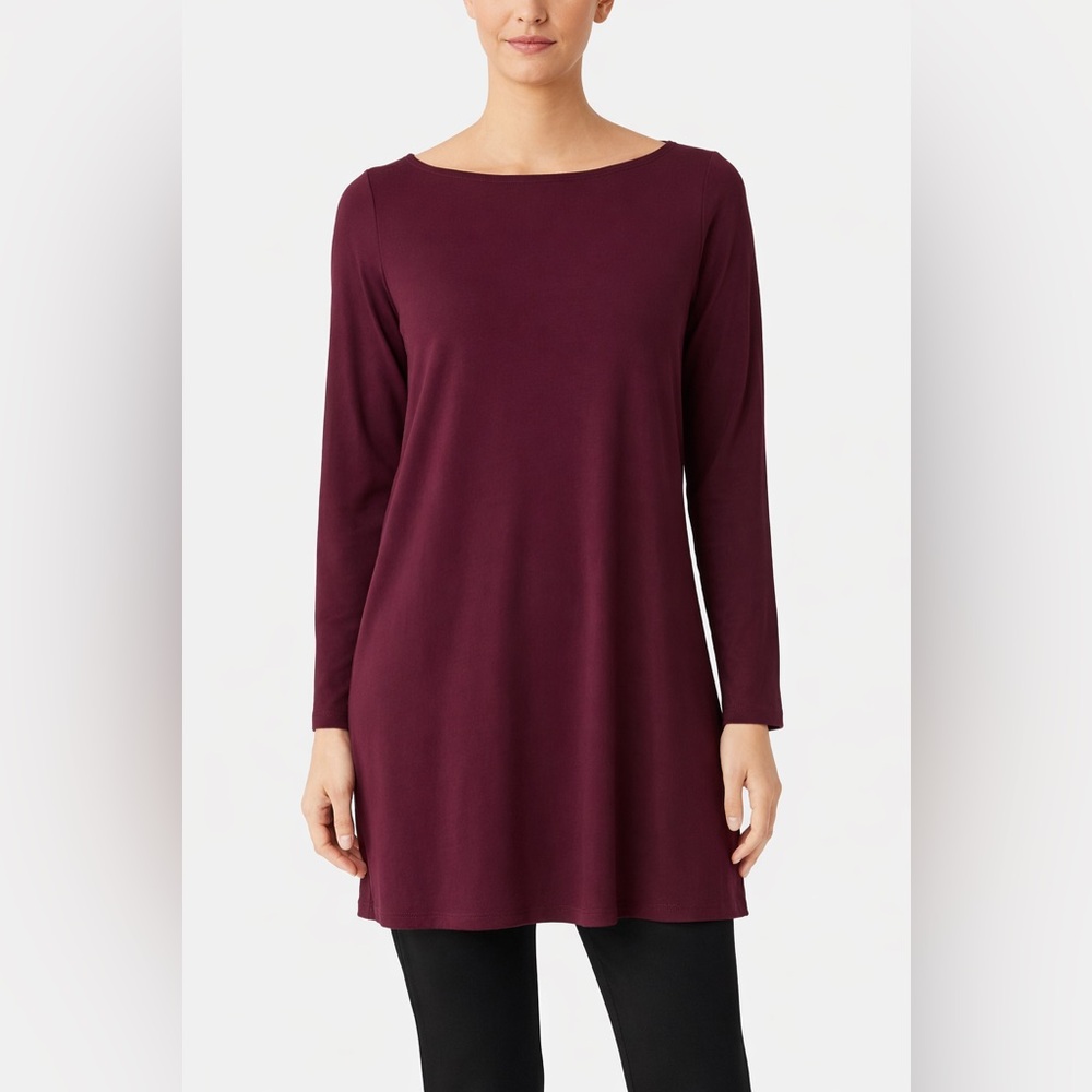Eileen Fisher Petite Small Burgundy Purple Viscose Stretch Jersey Tunic Top PS